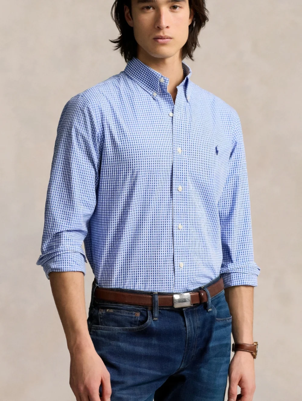 POLO RALPH LAUREN Vintage Blue White Checkered Custom Fit Button Down Mens SZ 16